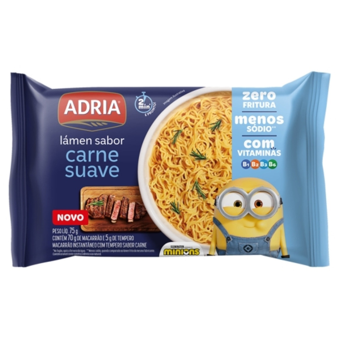 Detalhes do produto Macarrao Inst Minions 75Gr Adria Carne Suave