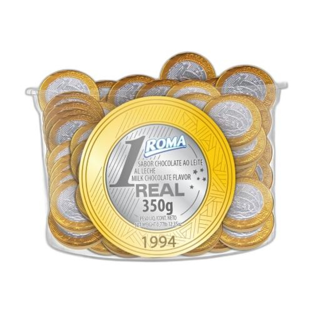 Detalhes do produto Choc Moedas 1 Real 350Gr Roma Ao Leite