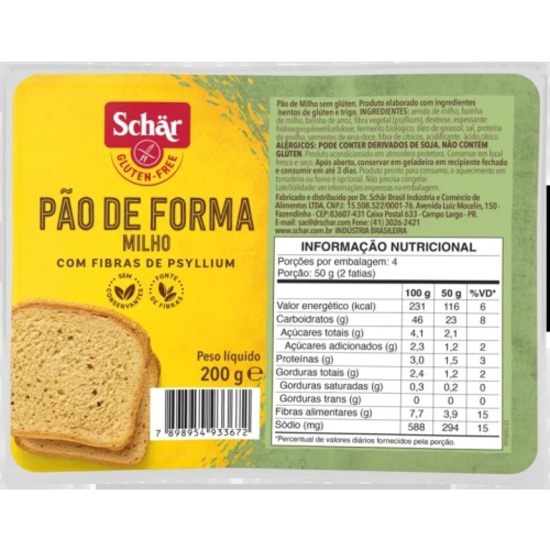 Detalhes do produto Pao Forma S/gluten 200Gr Schar Milho