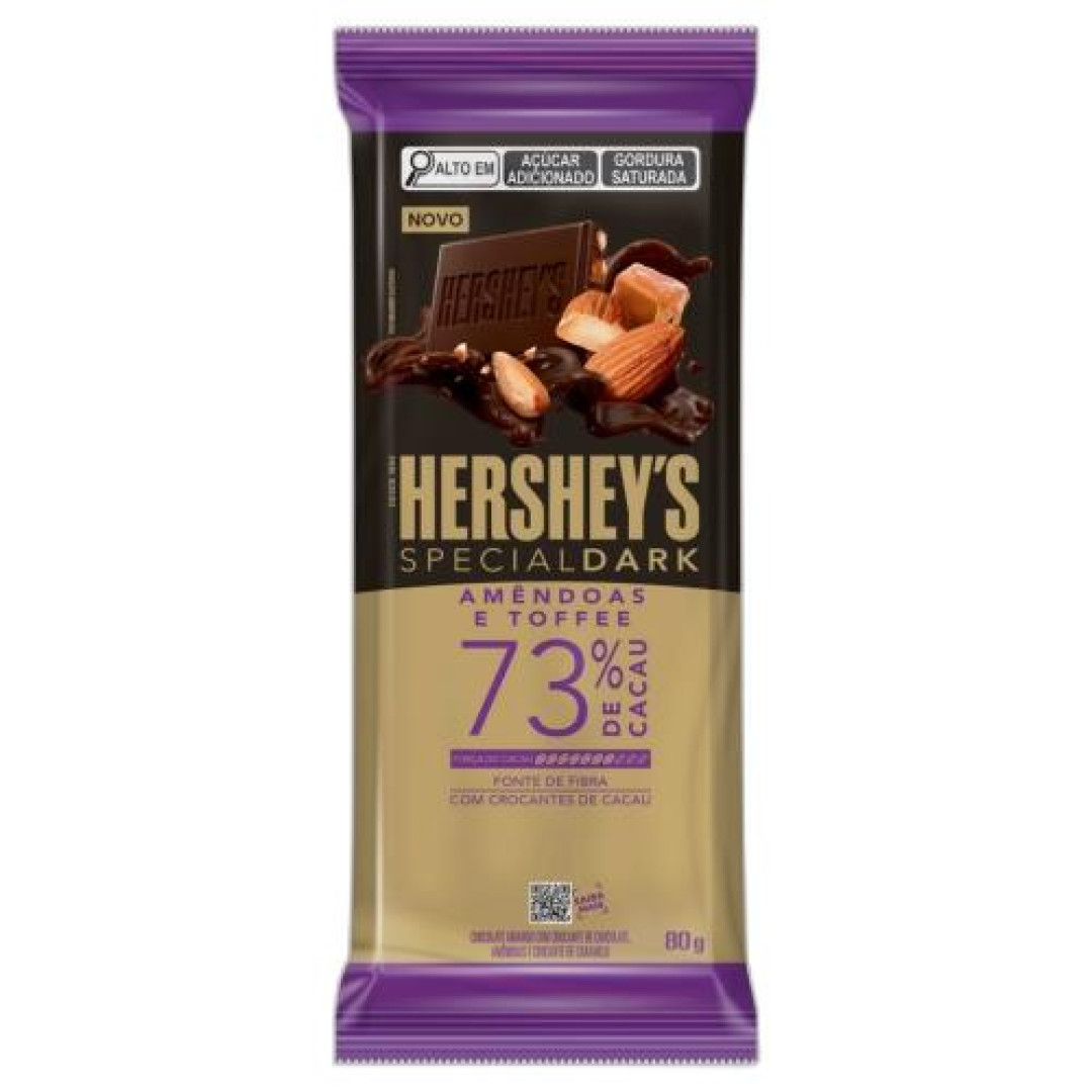 Detalhes do produto Choc Special Dark 73% 80Gr Hershey Amendoas.toffee